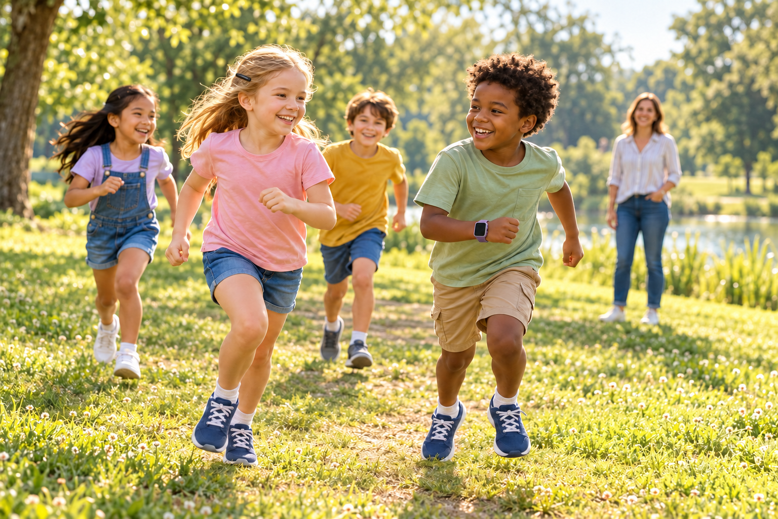 Conceptual children playing outdoors in ordinary athletic shoes, with a hair barrette and wristwatch visible and an adult nearby