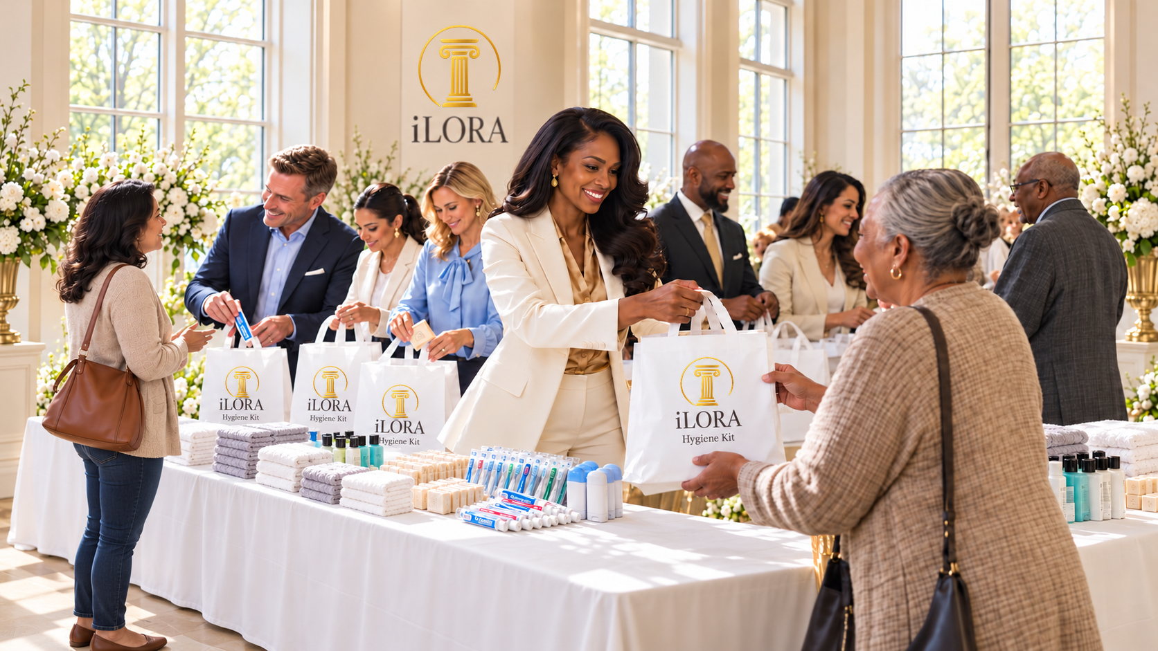 Conceptual Hygiene Kit preparation with visible toiletries and the woman in a cream suit with long side-parted curls