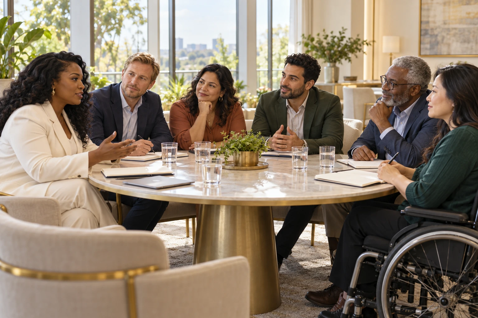 People with varied ages and access needs collaborating around a table in a bright community setting