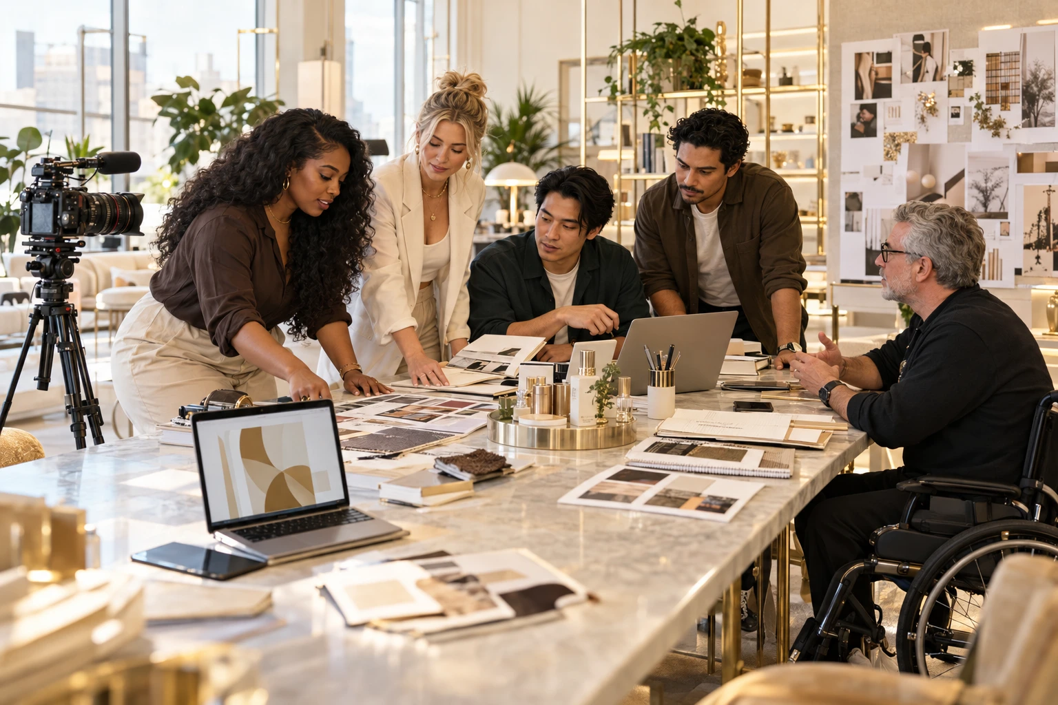 Conceptual creative team planning media and commercial experiences in a bright studio