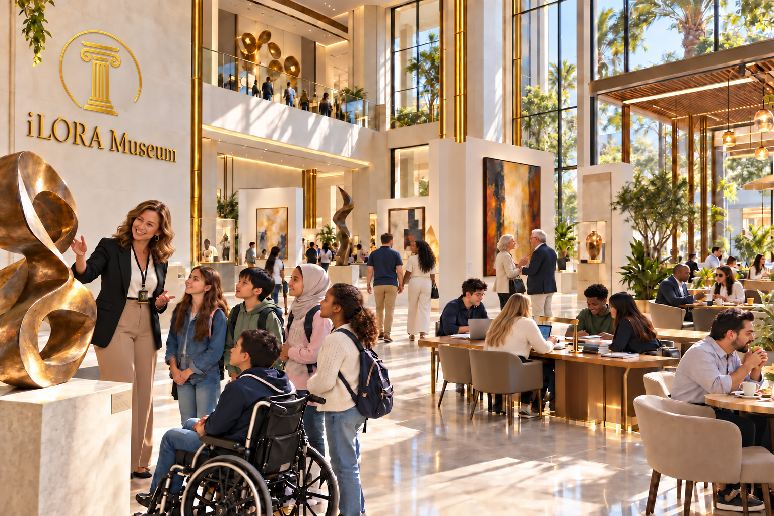Museum educator guiding children while students, families and café visitors share a bright conceptual environment