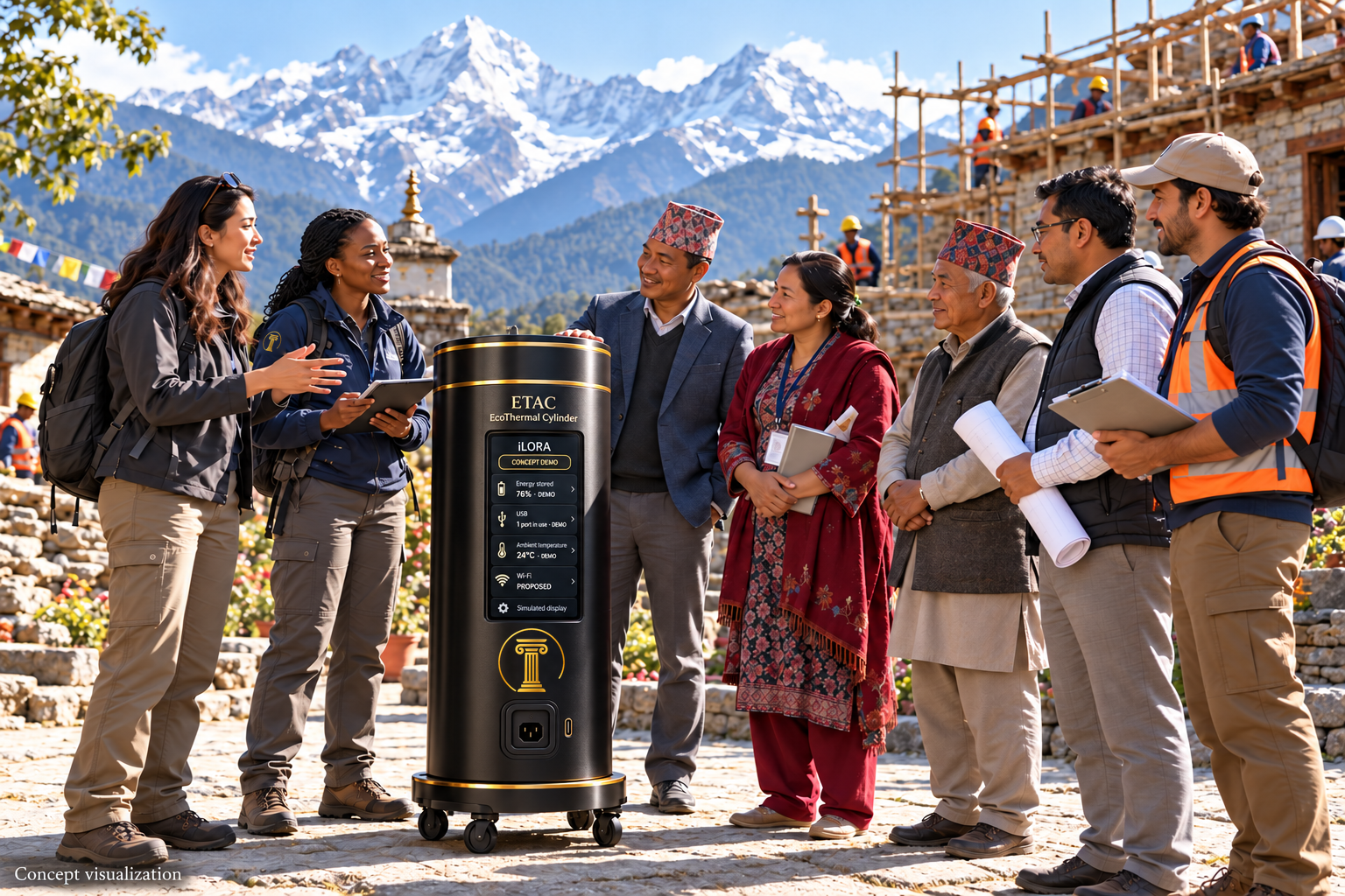 Conceptual Nepal residents and engineers discussing ETAC and a staged phone connection