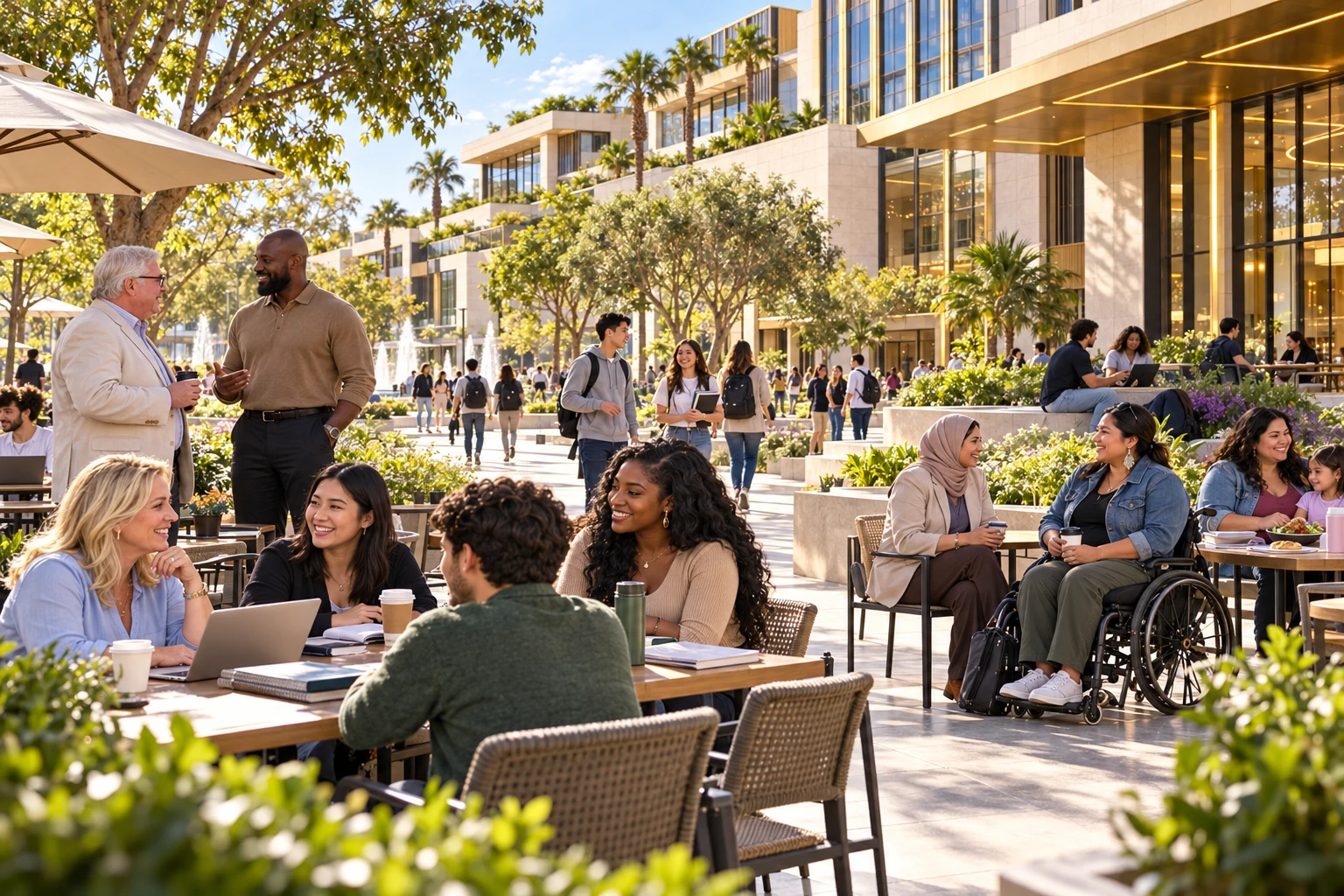 Conceptual campus gathering of people with varied skin tones, blonde, black and gray hair, ages, heights, body sizes, and mobility needs